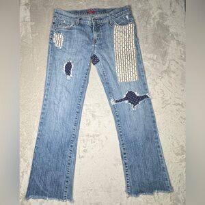 Y2K Blue Cult Midrise Kate Flare Patchwork Denim Distressed Blue Jeans Size 31